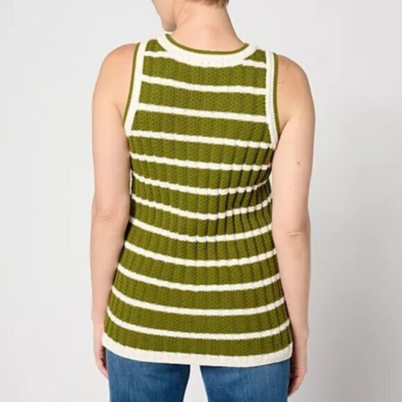 NWOT Joan Rivers Olive Striped Cotton Crochet Sweater Tank L - Picture 3 of 15